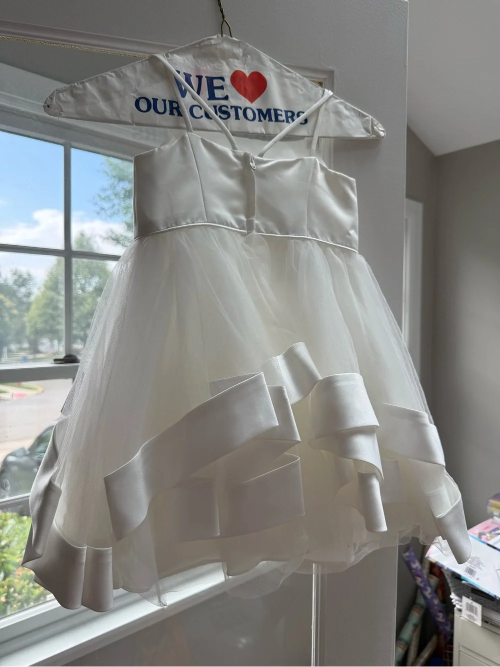 David's Bridal White Satin & Tulle Flower Girl Dress - Picture 2 of 3